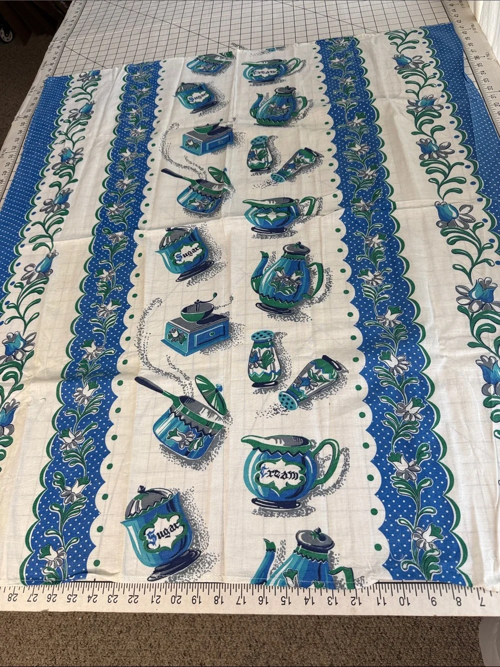 Vintage 1970s Handmade Blue Green Kitchen Tablecloth 42x36 Coffee Pot Sugar Bowl